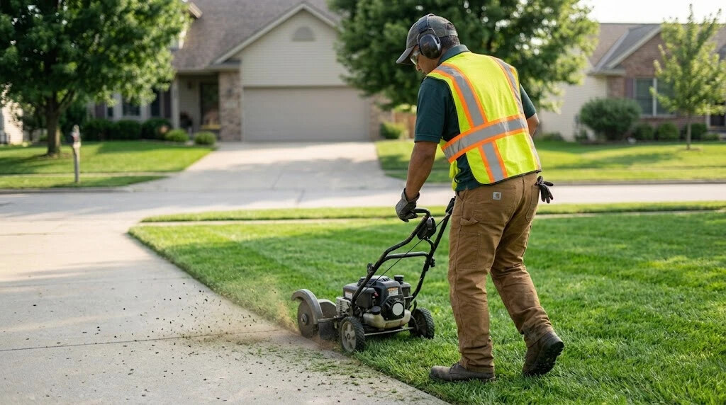 A crew member running an edger along a sidewalk to cut a clean lawn edge