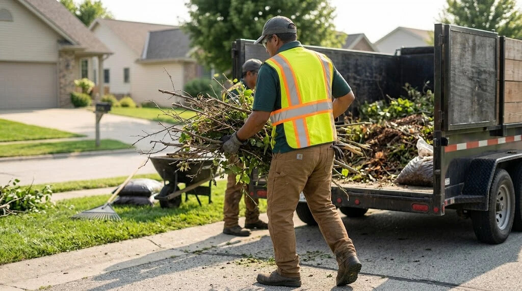 A crew member loading cut branches onto a trailer full of yard debris