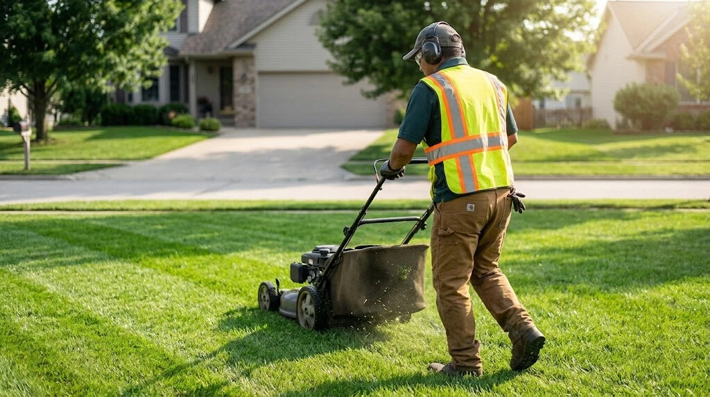 A crew member in a safety vest mowing even stripes into a front lawn