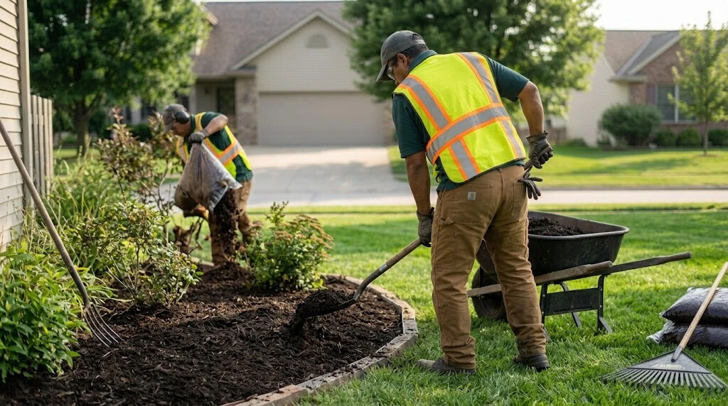 Two crew members spreading fresh mulch into a flower bed from a wheelbarrow