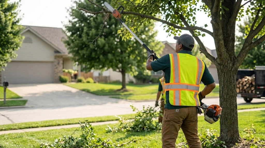 A crew member cutting a tree branch with a pole saw