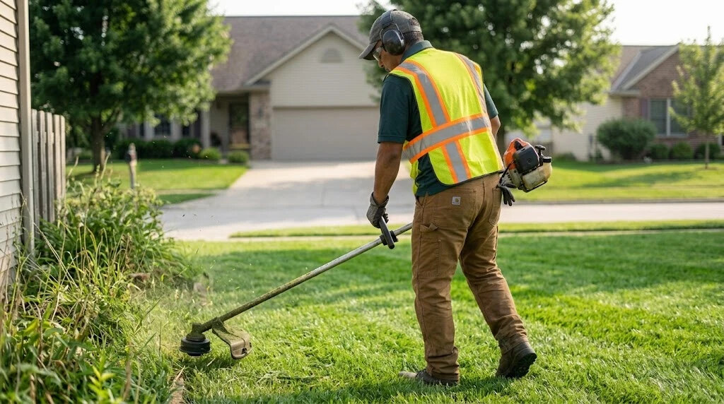 A crew member using a string trimmer on tall grass along a fence line